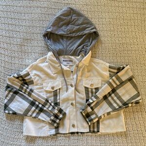 Reserve Fairfax White and Green Plaid Flannel Cropped Hooded Corduroy Jacket M